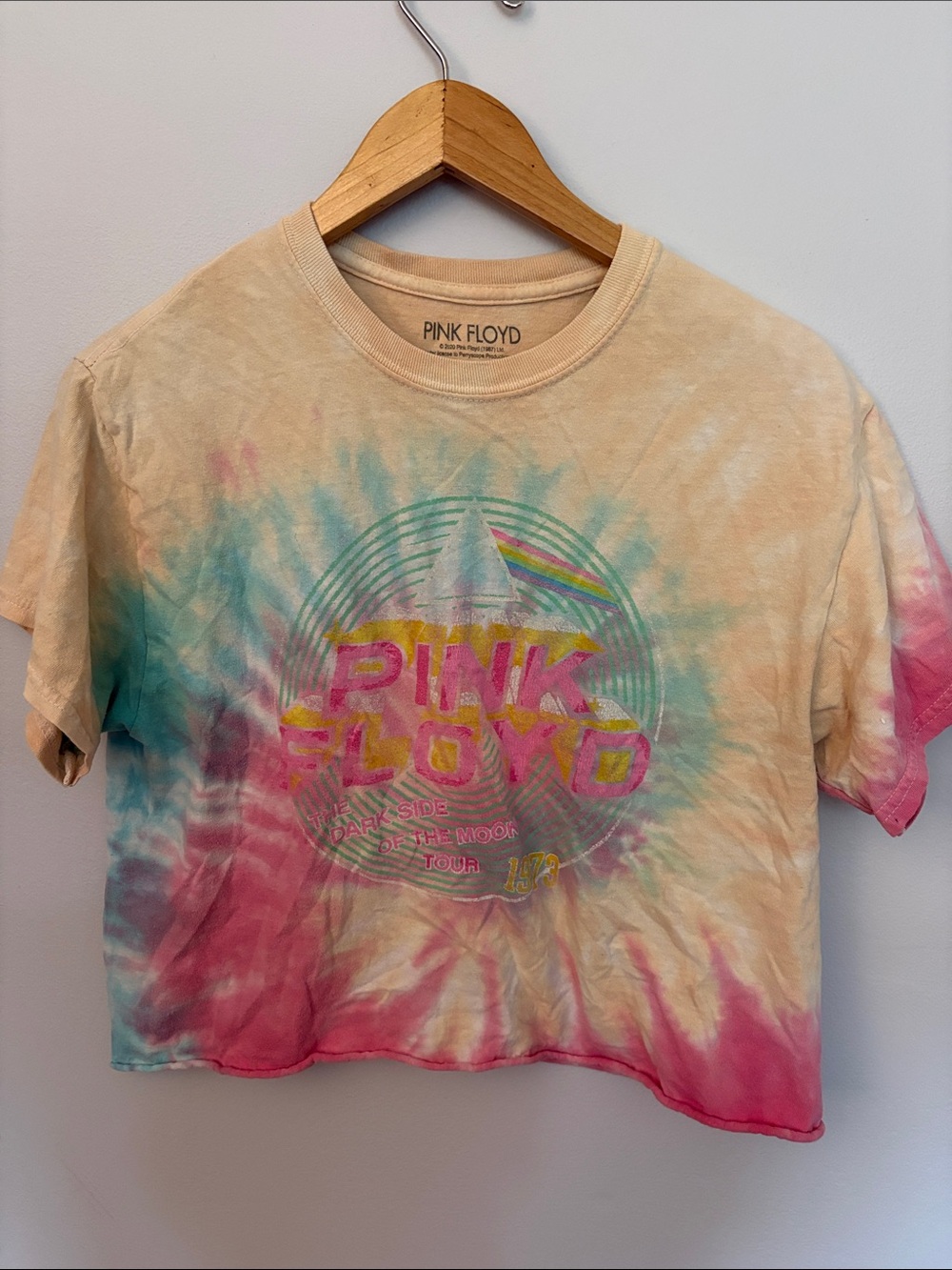 Pink Floyd Tie-Dye Crop Tee in Cream, Teal & Pink